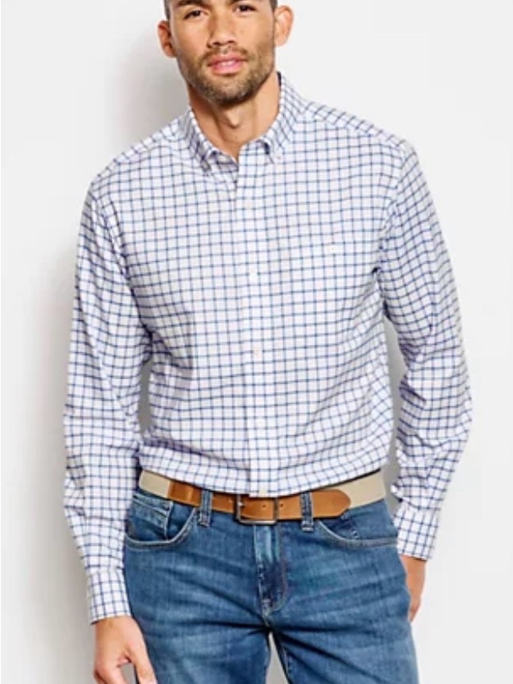 Orvis White and Blue Windowpane Button-Down Shirt